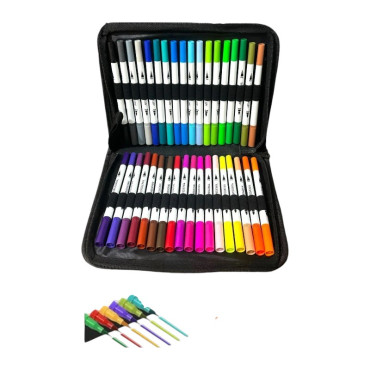 ART PROFFESİONAL 36 Lı Çift Uçlu Fırça Ve 0.4 Mm Fine Uçlu Marker Kalem Seti Deri Tarzı Cüzdanlık Kalem Seti Pro